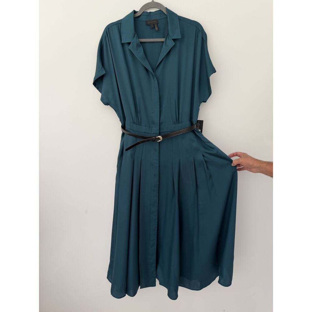NWT Donna Karan New York Dress 8 Teal Belted Pleated Midi Shirt Dress Cocktail - Picture 2 of 10
